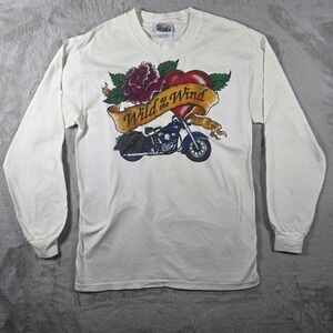 Hanes Beefy-T T-Shirt Mens Small White Wild as the Wind Motorcycle Vintage Long
